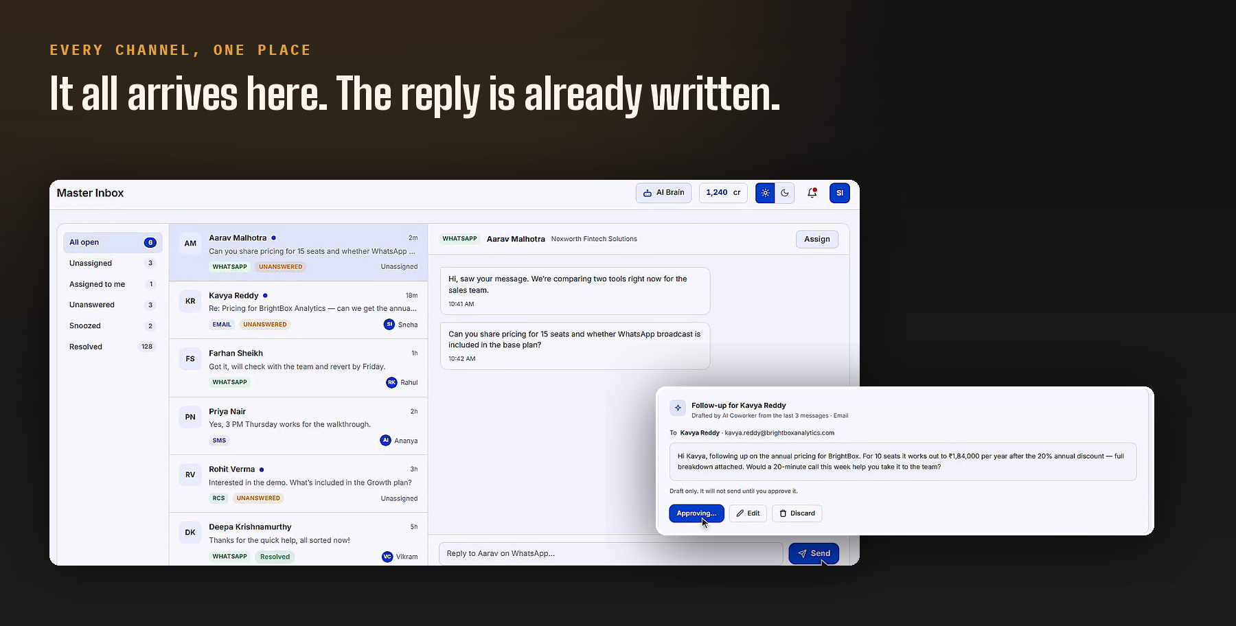 The Master Inbox: WhatsApp, email, SMS and RCS conversations in one list, with an AI-drafted follow-up waiting for approval