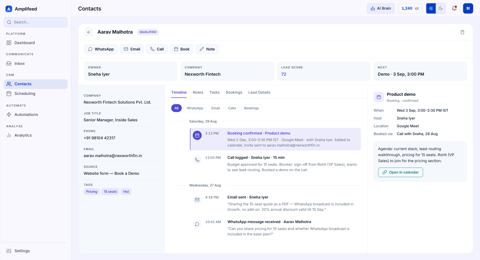 A contact record with every message, call, click and booking on one timeline