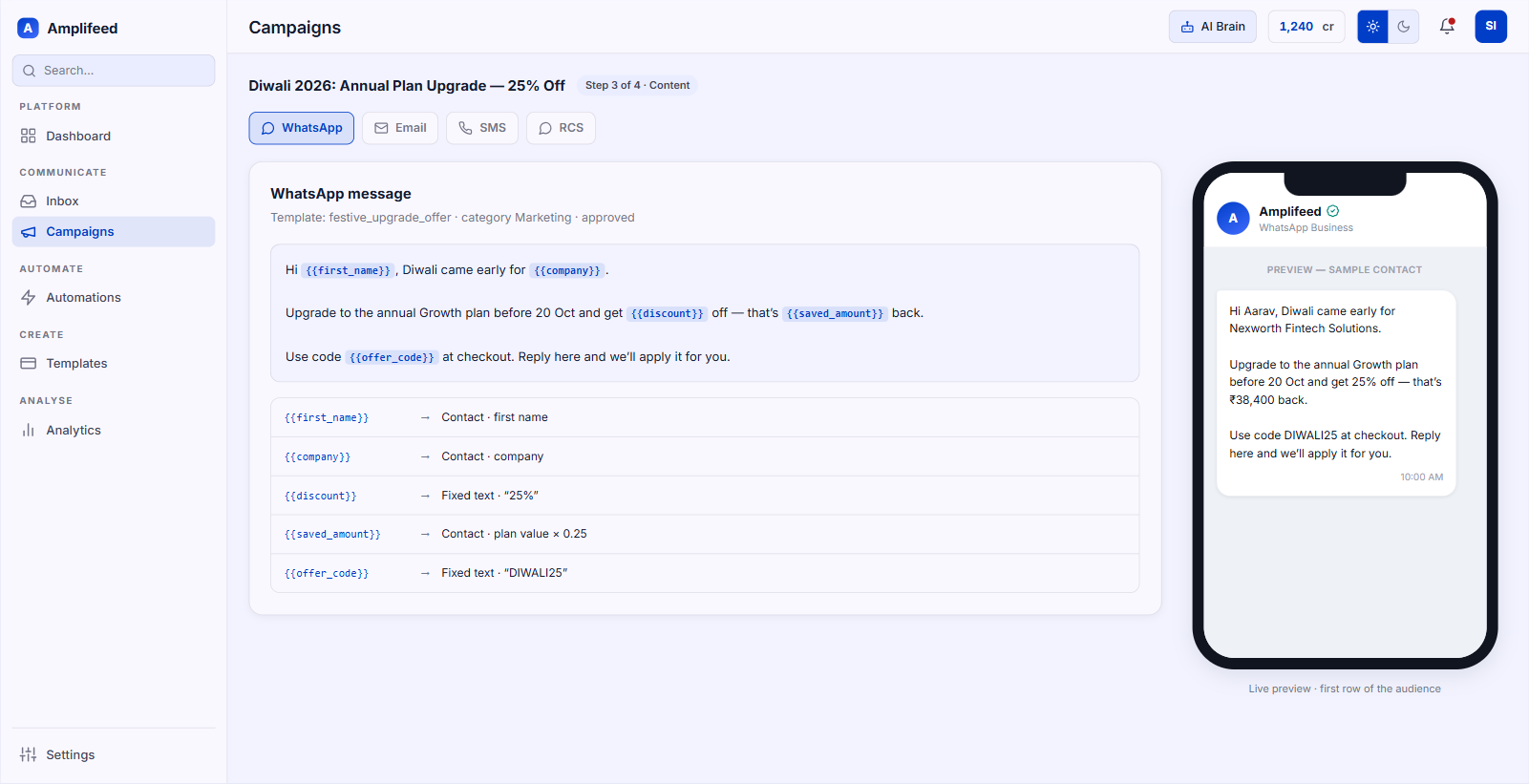 Campaign composer with a channel switcher for WhatsApp, RCS, email and SMS